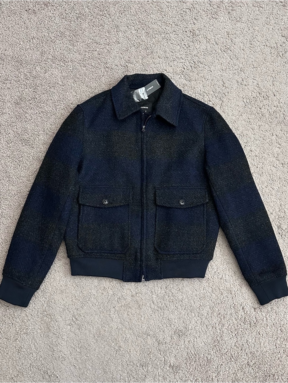 Express Plaid Boucle Bomber Jacket Mens S Navy Charcoal Plaid